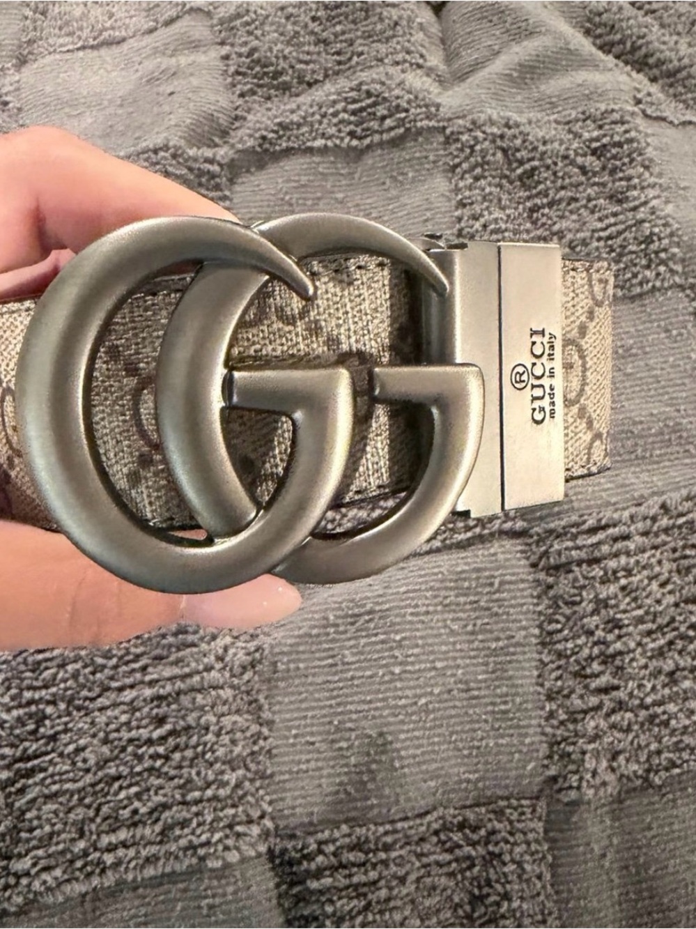 Beige GG Canvas Belt with Gunmetal Double G Buckle